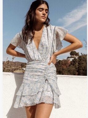 Saylor Floral Ruched V-Neck Mini Dress - Light Blue and White